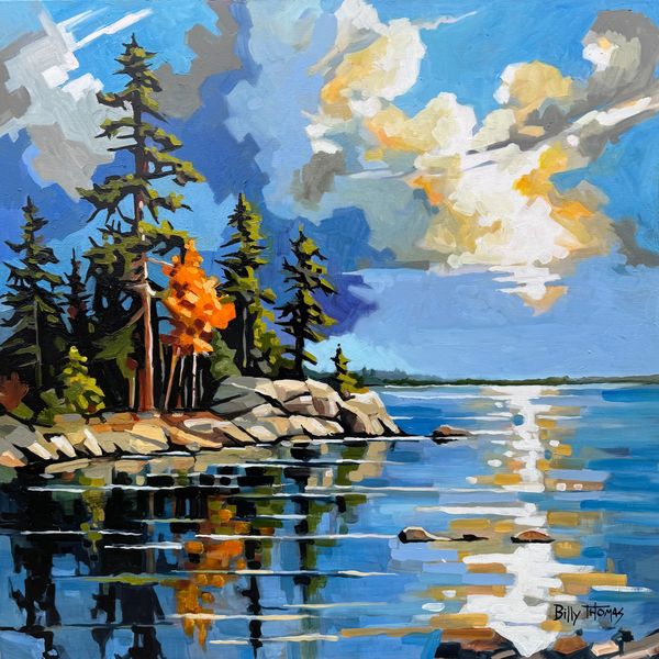 Painting of a shoreline of a lake with clouds in the sky that reflect in the water and trees.