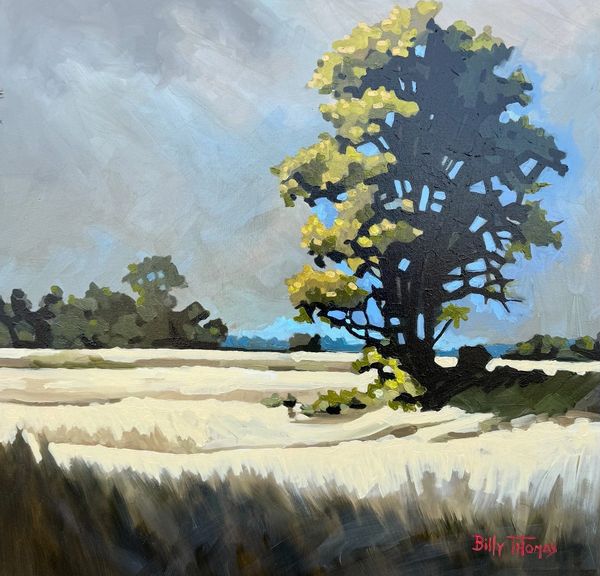 Painting of a tall tree all by itself in a field with more trees in the distance.
