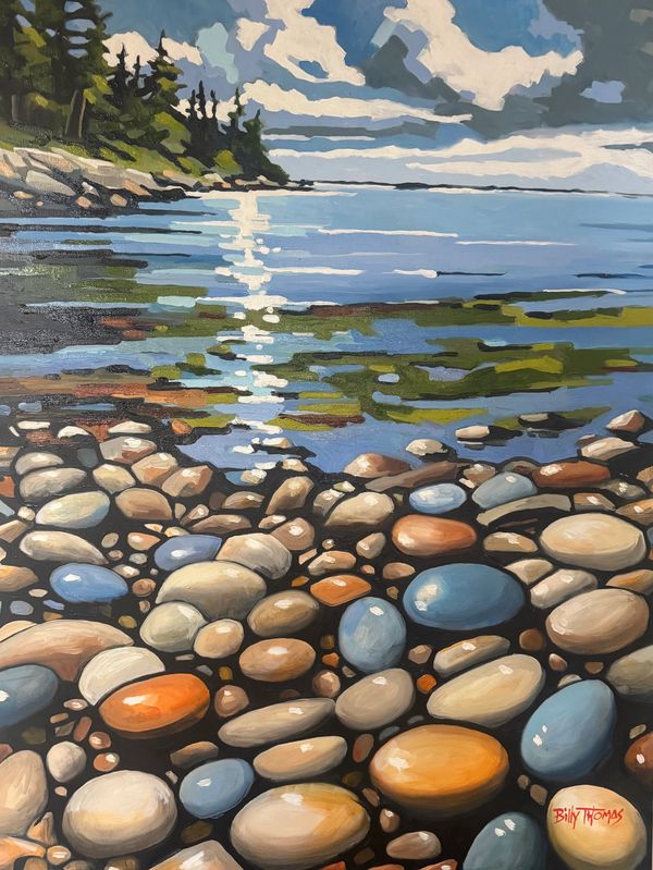 Painting of colorful stones lining a lake with a shore, trees and clouds in the distance.