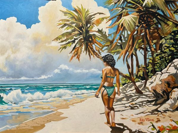 Painting of a woman in a teal bikini on a seashore with waves in front of her and palm trees behind.