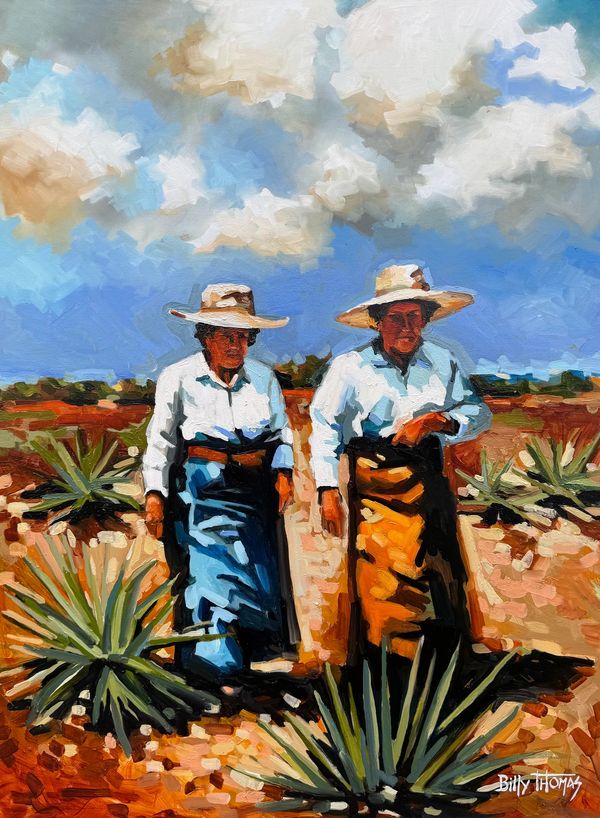 Painting of two ladies in skirts and collared shirts in the desert with a sky full of clouds.