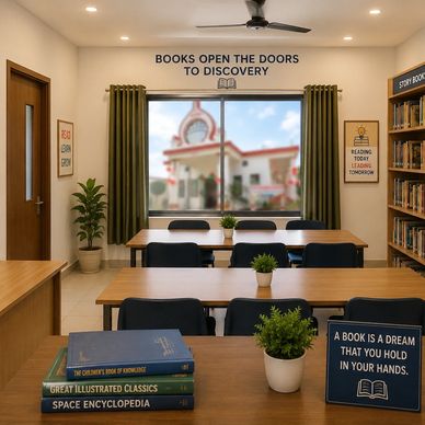 Cozy library with inspirational quotes and neatly arranged books.