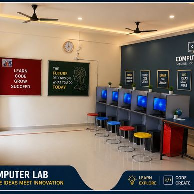Modern computer lab with motivational posters and colorful stools.
