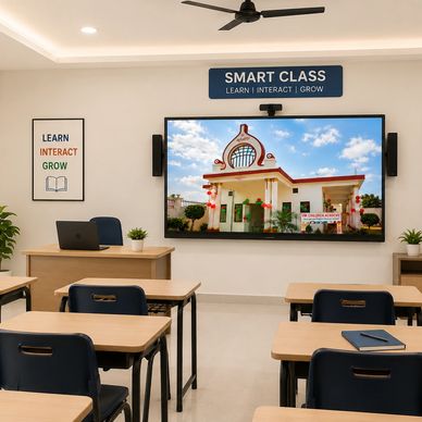 Modern smart classroom with digital screen and simple desks.