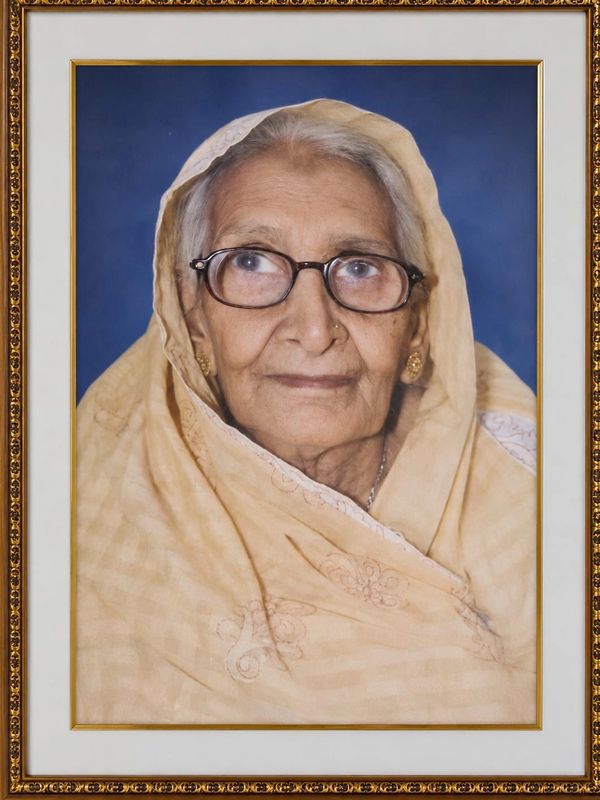 Portrait of an elderly woman wearing glasses and a beige dupatta.