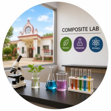 Microscope, plants, and colorful test tubes in a composite science lab.