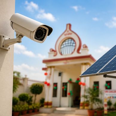 Security camera and solar panel with a decorative building in the background.
