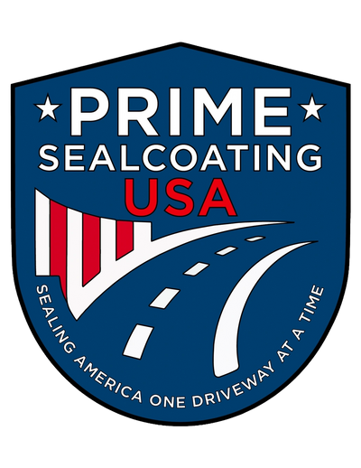 Logo for Prime Sealcoating USA featuring a road and American flag elements.
