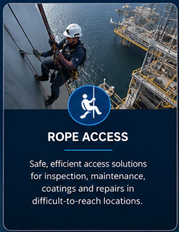 Rope access worker performing inspection on offshore platform.