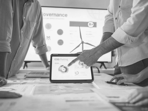 Person pointing at ESG rating chart on tablet during meeting.