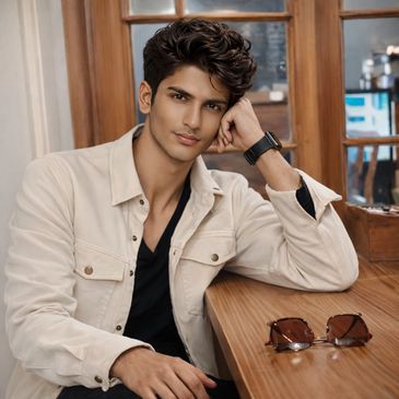 Young man posing thoughtfully at a wooden table with sunglasses.