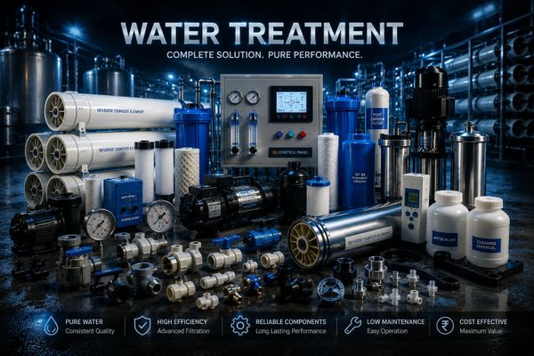 Various water treatment equipment and components displayed in an industrial setting.