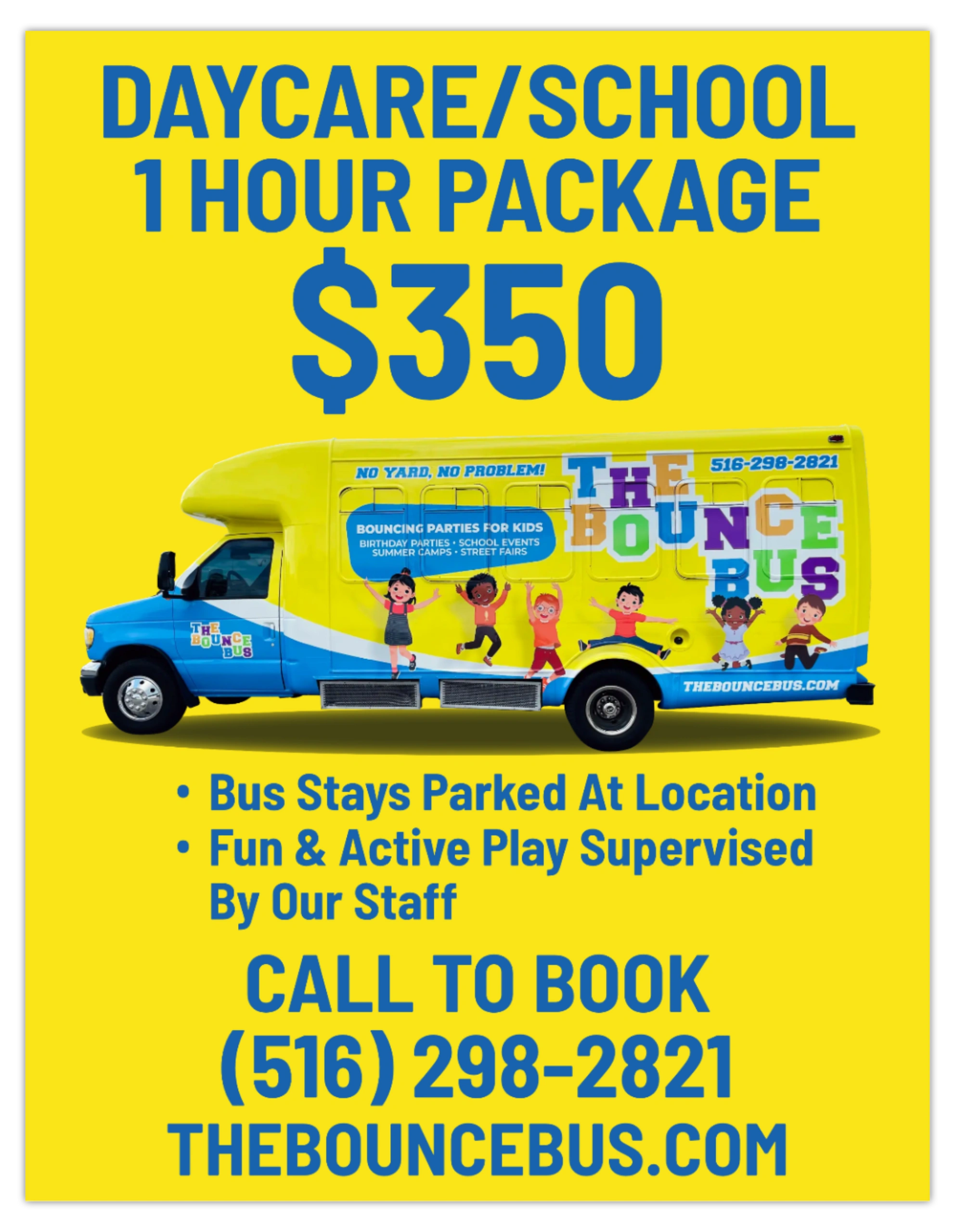 NYC Kids Indoor Play Trampoline Bounce House Bus Daycare and School Birthday Party Event Flyer