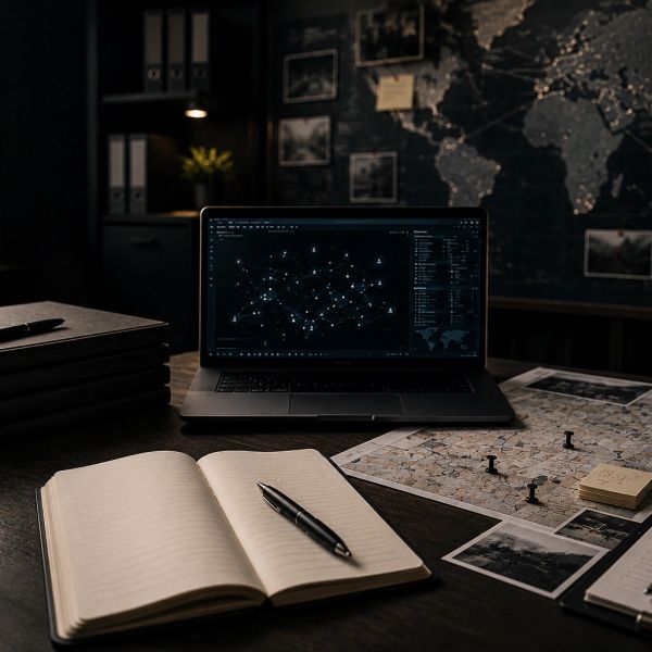 Workspace with a laptop, notebooks, maps, and photos.