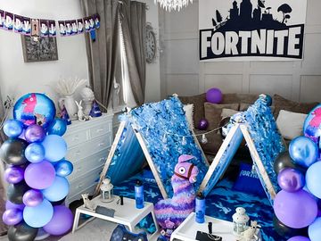fortnite theme sleepover idea
fortnite party idea
fortnite sleepover tents