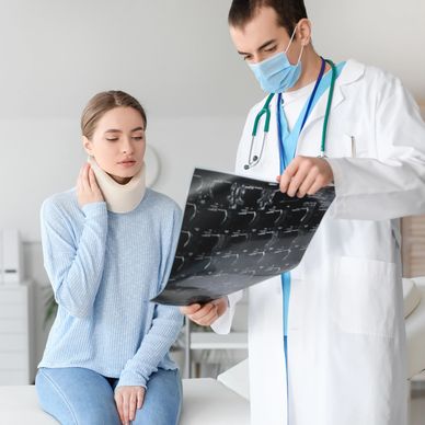 An injured person looking at x-ray images with a doctor