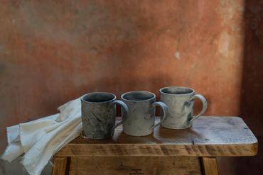 Saggarfired mugs fired with  foraged materials from Dartmoor