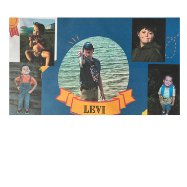 A collage of childhood and recent photos of a boy named Levi.