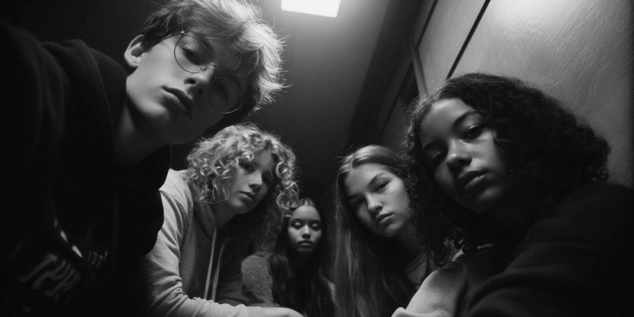 Five teenagers in a moody black and white photo, looking serious and introspective.