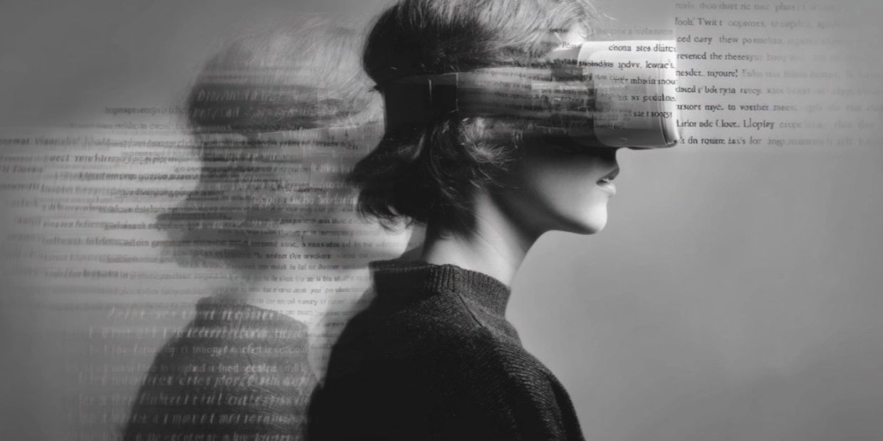 Person wearing VR headset with digital text overlay in monochrome.