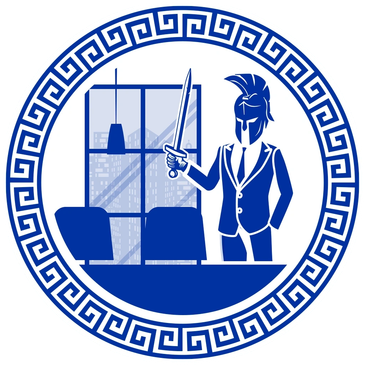 Businessman with a Spartan helmet and sword in an office.