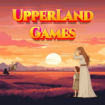 Sunset scene with a woman and child watching a distant rider, titled UpperLand Games.