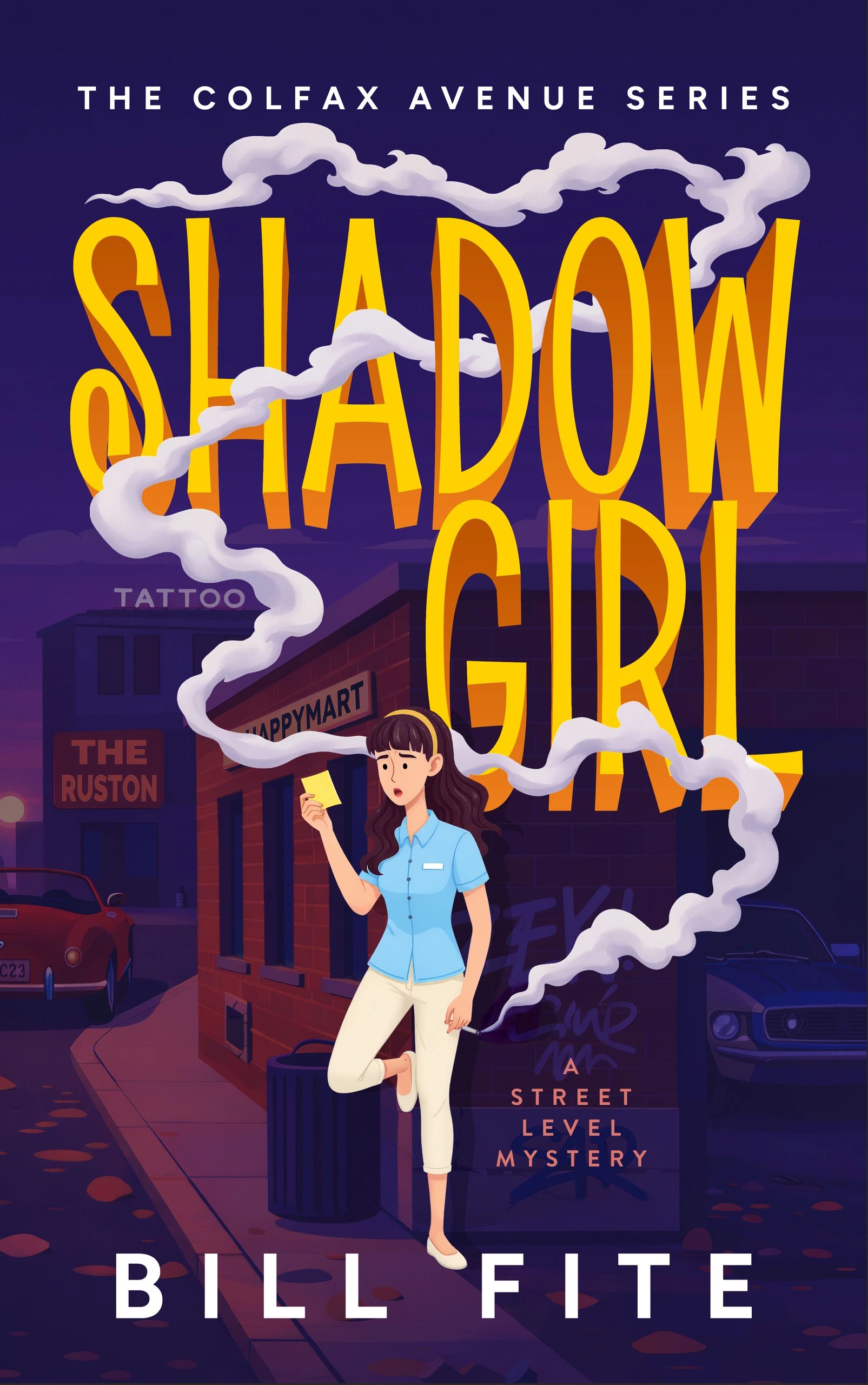 Book cover showing a woman smoking with smoke forming the title 'Shadow Girl'.