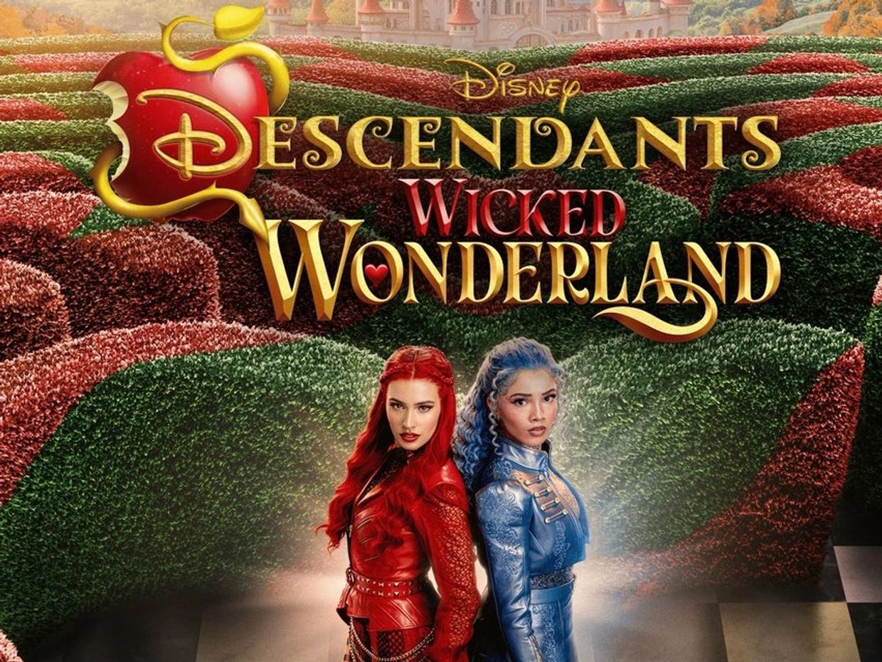 Disney Descendants 3 Wicked Wonderland movie poster with two characters in red and blue costumes.