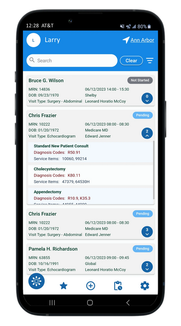 Screenshot of the Medmio charge capture app showing patient worklist and one click charge capture.