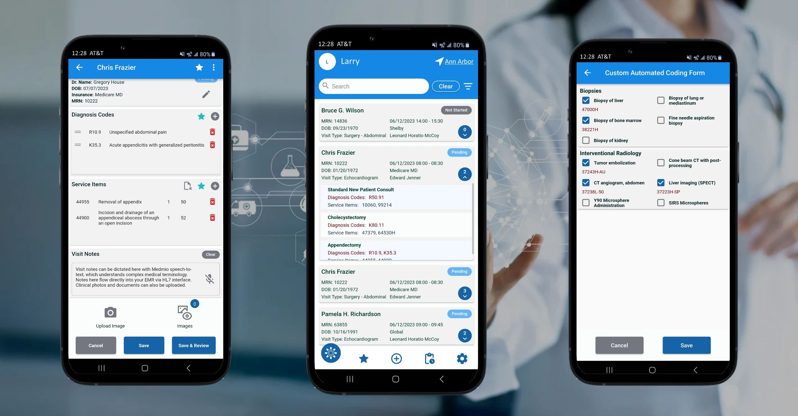 Screenshots of the Medmio charge capture app, showing patient worklist, medical dictation and coding