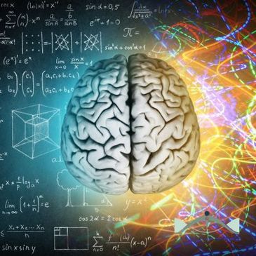 Illustration of a human brain with math formulas and colorful light patterns.
