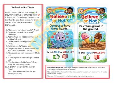 Children play 'Believe It or Not?' thumbs up/down game with true or made-up facts.