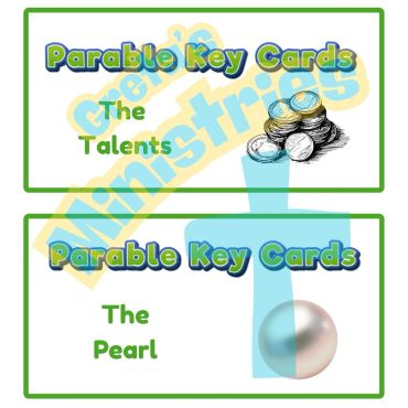 Two parable key cards titled The Talents and The Pearl with respective images of coins and a pearl.
