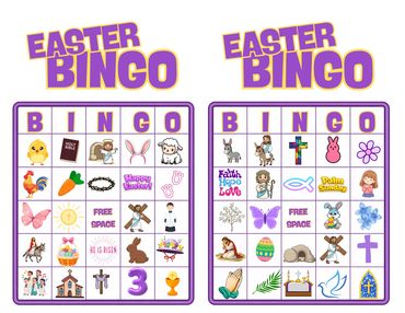Two colorful Easter bingo cards with religious and festive symbols.