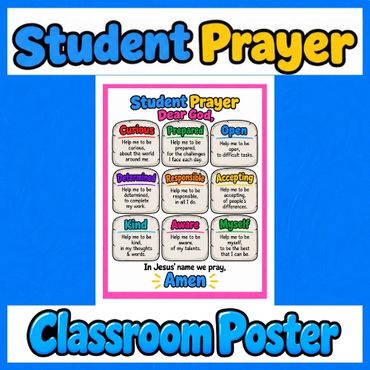 Colorful student prayer classroom poster with helpful virtues.