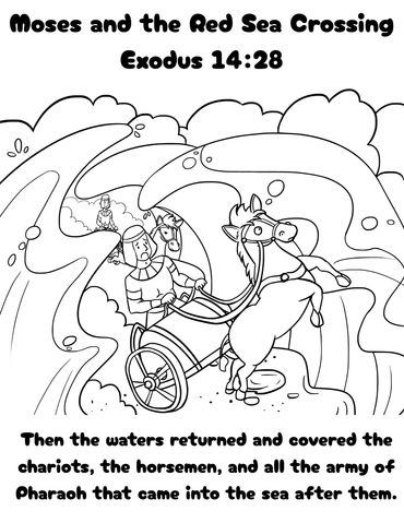 Illustration of Moses and the Red Sea crossing with chariots and horsemen.