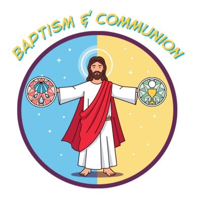Illustration of Jesus with symbols of baptism and communion.