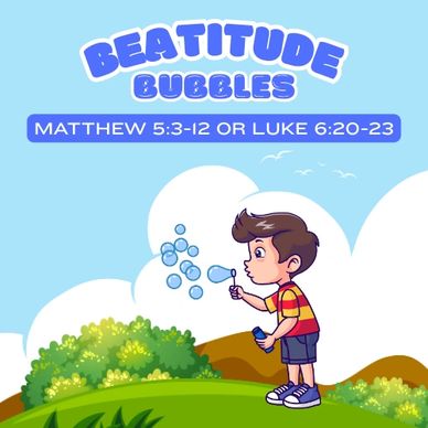Boy blowing bubbles outdoors with Bible verse reference above.