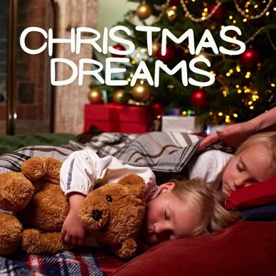 Two children sleeping peacefully by a Christmas tree with gifts and a teddy bear.