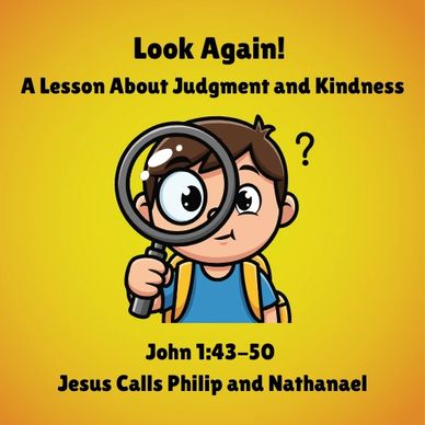 Illustration with a magnifying glass teaching judgment and kindness based on John 1:43-50.