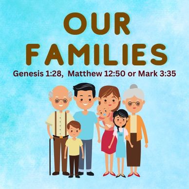 Illustration of a multigenerational family with biblical references to family unity.