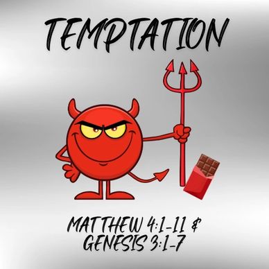 Cartoon devil holding a trident next to chocolate, with text about temptation and biblical references.