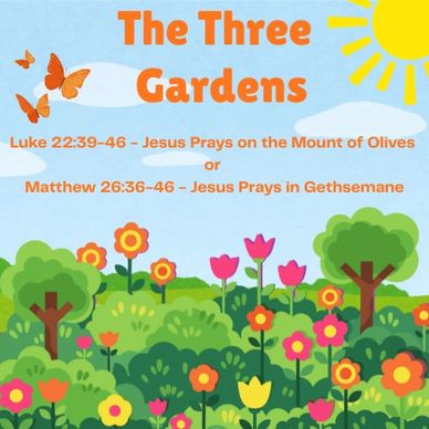 Colorful garden illustration with butterflies and sunshine, referencing biblical prayers in gardens.