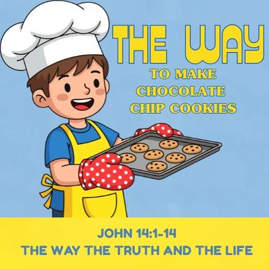 A cheerful boy chef holds a tray of chocolate chip cookies with a baking theme and biblical text.