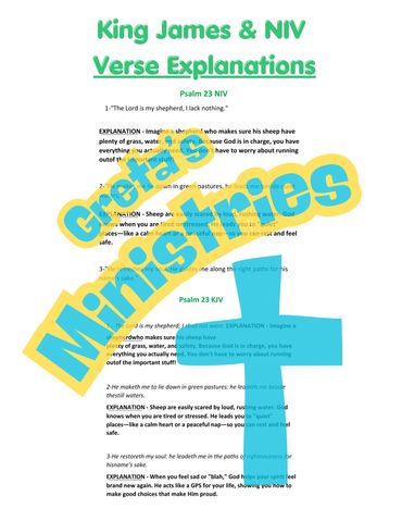 Explanation of Psalm 23 from King James and NIV versions with illustrated cross.