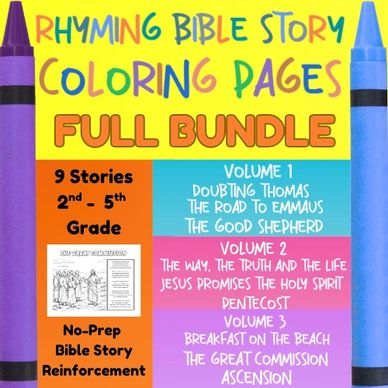 Colorful advertisement for rhyming Bible story coloring pages bundle.