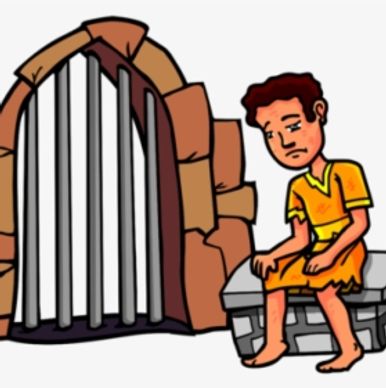 A sad prisoner sitting outside a jail cell with barred door.