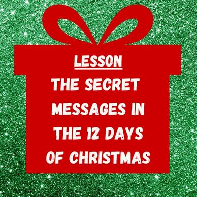 Red gift box with text about secret messages in '12 Days of Christmas' on green glitter background.