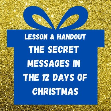 Blue gift-shaped graphic with text about a Christmas lesson and handout.