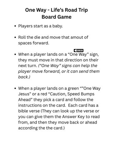 Board game instructions for "One Way - Life's Road Trip" with players starting as babies and moving based on dice rolls and signs.